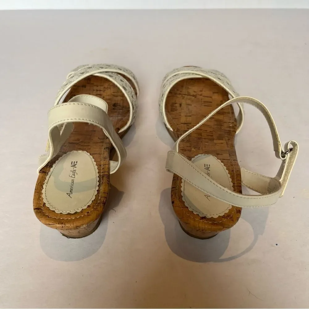 American Eagle Girl's Slingback Sandals Cork Wedge Cream/Silver Size 4 1/2